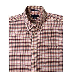 Lands End Mens Button Down Dress Shirt Non Iron Red Blue Yellow Plaid 15.5/35